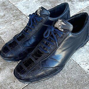 Belvedere Paulo Ostrich & Calfskin Sneakers - Night Blue